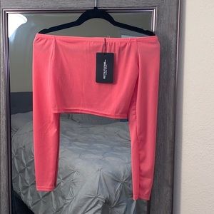 Pink Ribbed Bardot Long Sleeve